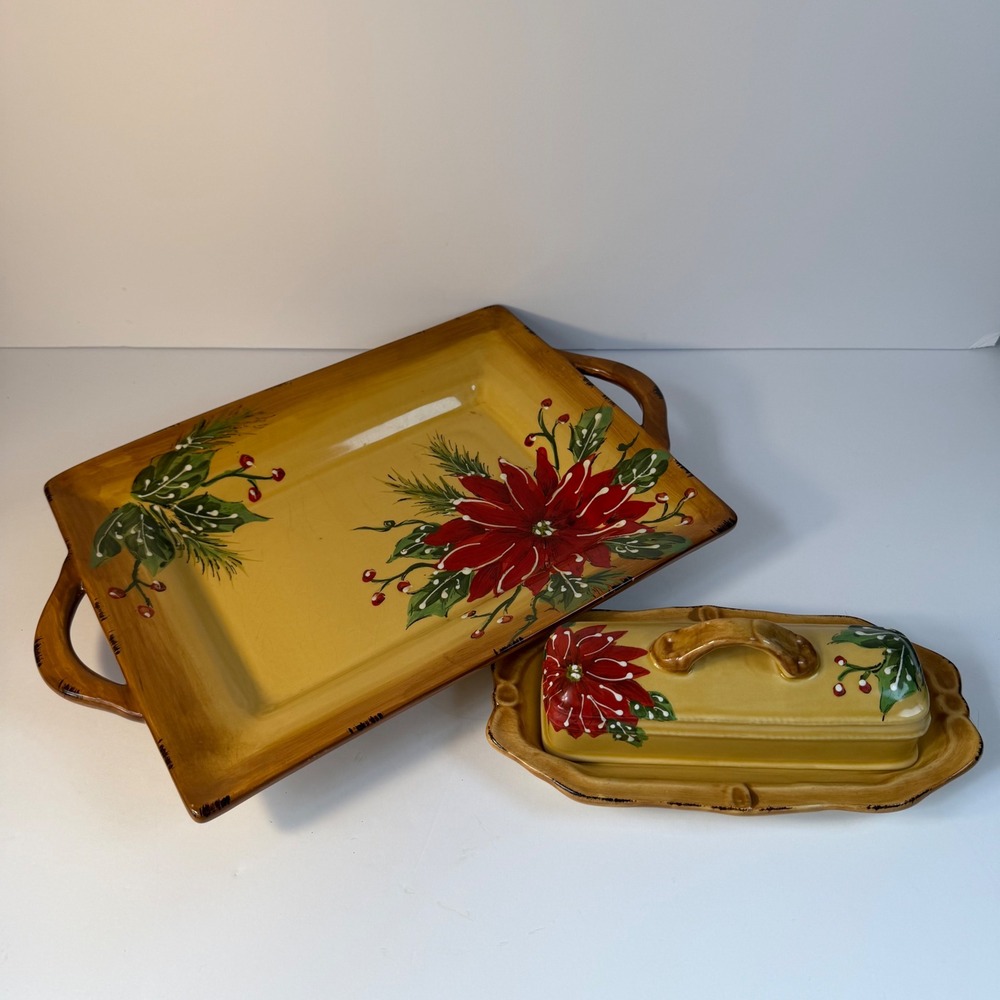 Poinsettia Christmas Ceramic Butter Dish Serving Tray Set Holiday Poinsettias